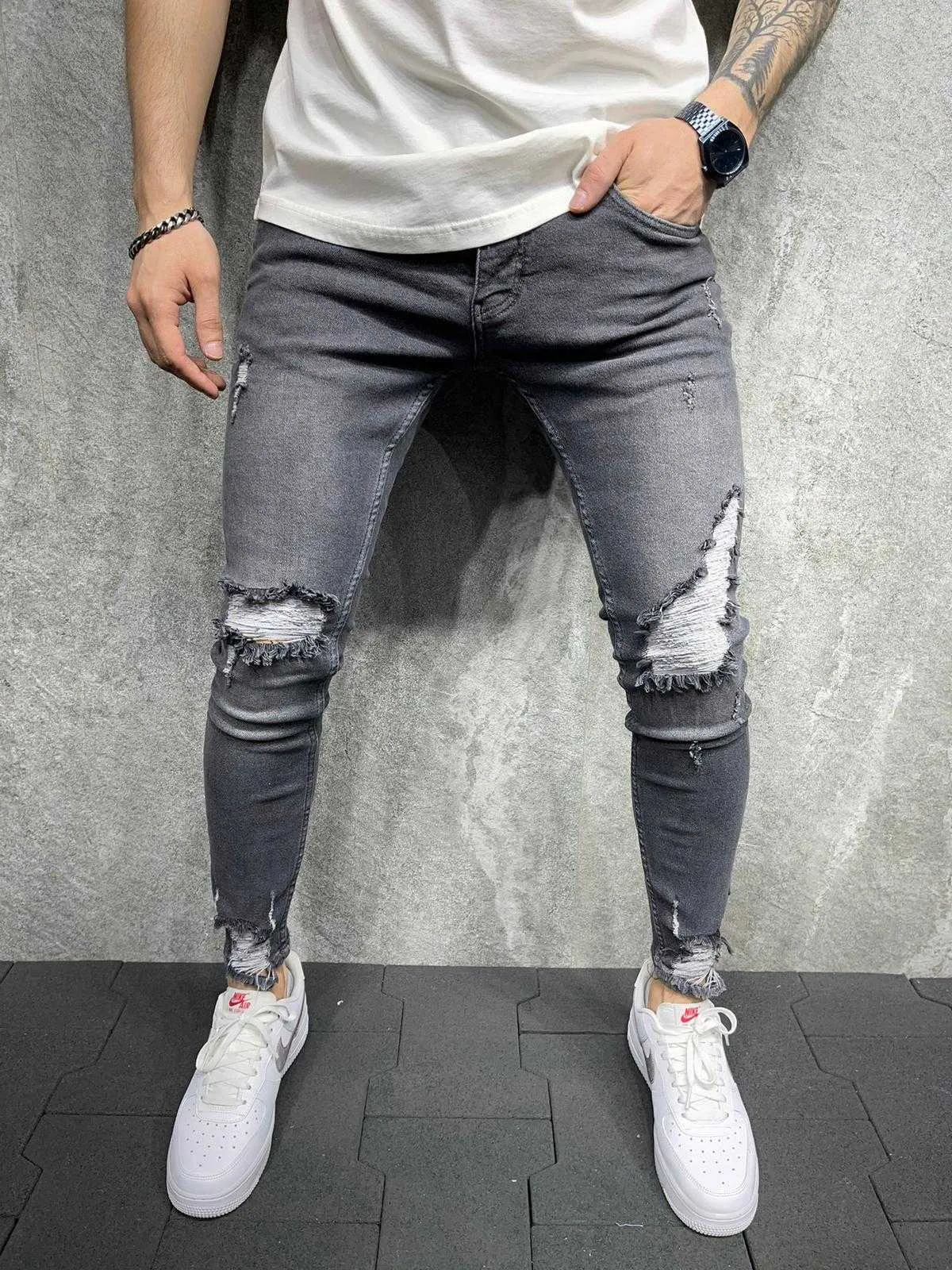 JEAN SKINNY HOMME EFFET DECHIRE GRIS 